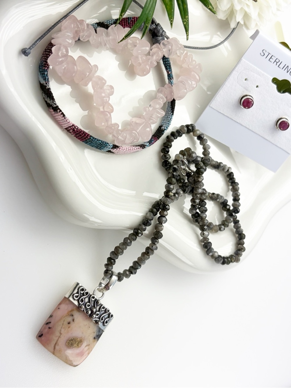 Jewelry Lot Peruvian Pink Opal Pendant Moonstone Necklace Ruby Earrings 925 - Picture 4 of 9